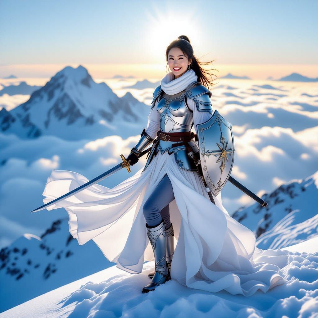 Radiant Asian Woman in Silver Armor on Mountain Peak