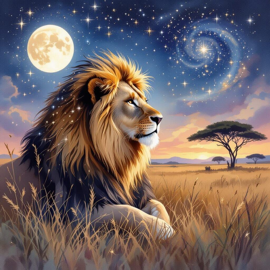 Lion with Stardust Mane in Celestial Watercolor Style
