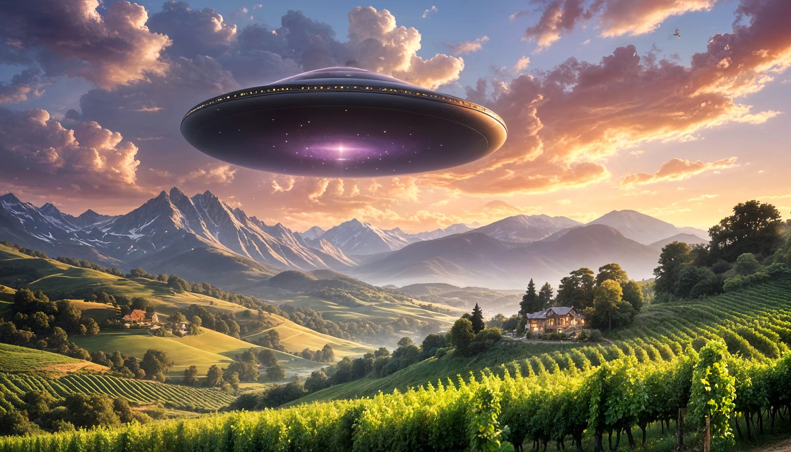 Surreal Flying Saucer Hovers in Serene Landscape of Vineyard...