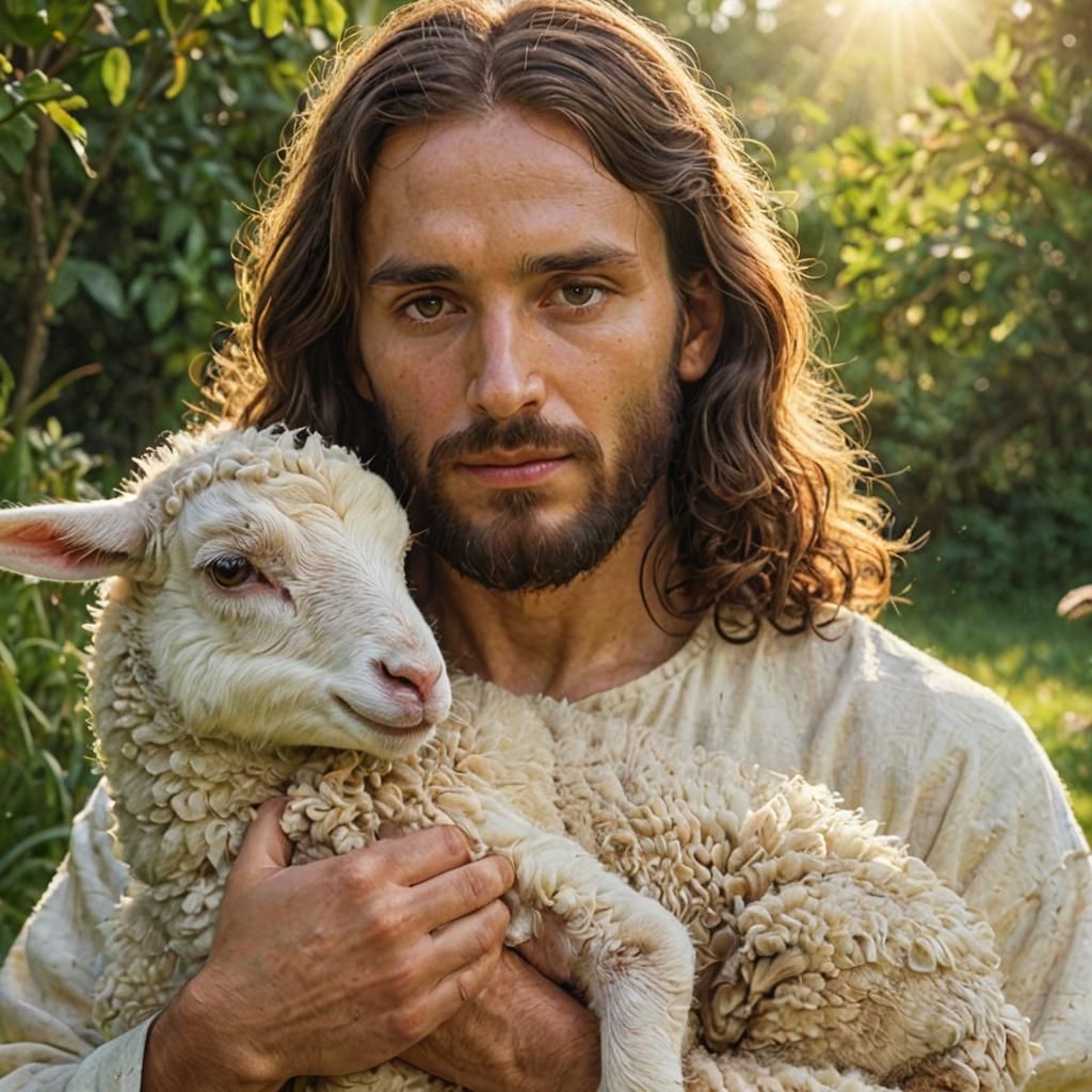 Jesus Christ Holding Lamb in Meadow: Sacred Realism