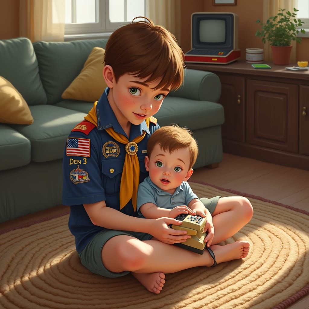 Cub Scout Boy Watches Baby with Intensity