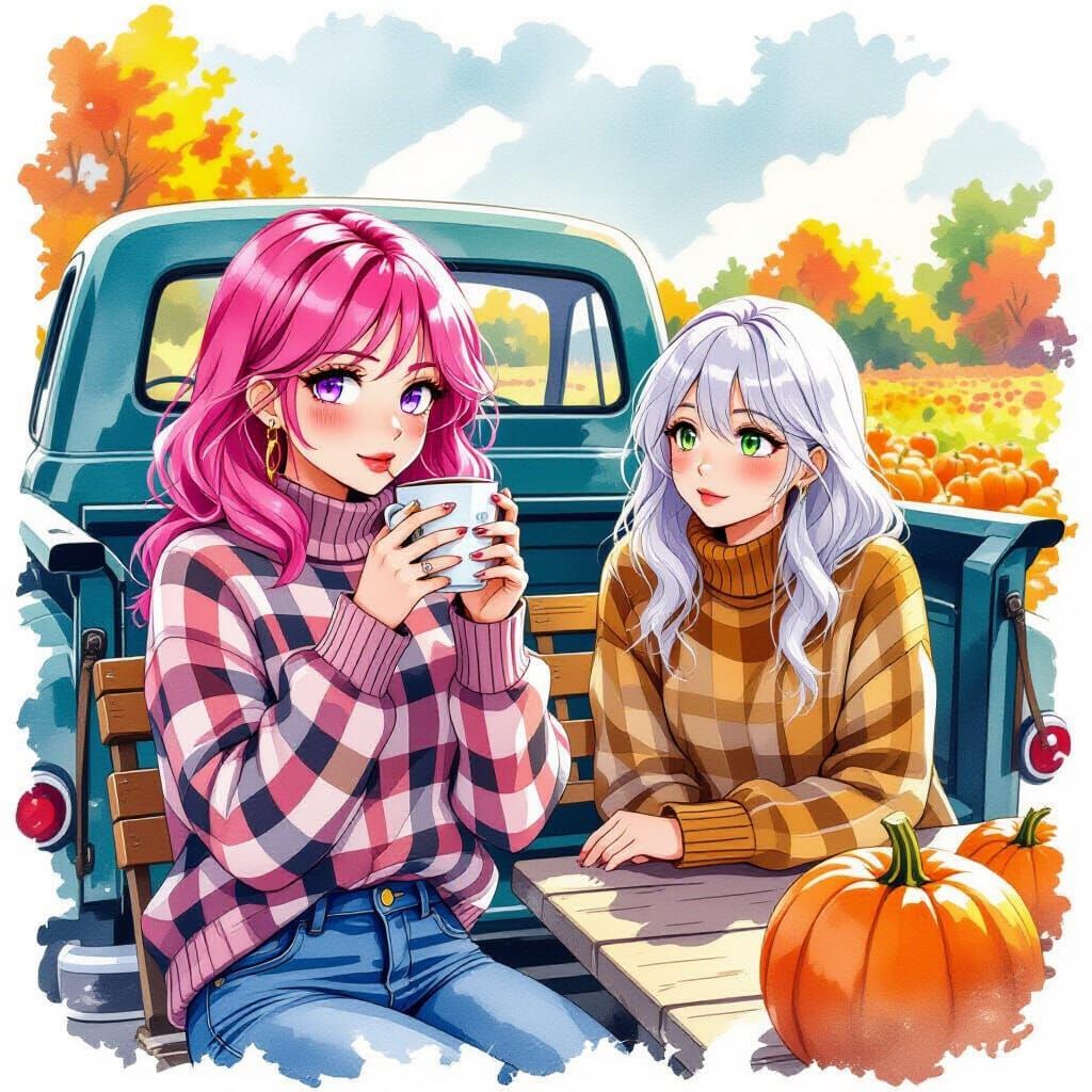 Pink Haired Woman Drinks Coffee with Friend at Pumpkin Patch