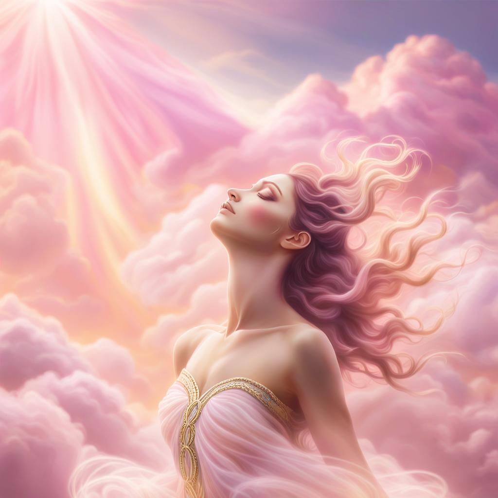Ethereal Goddess Ascends into Pink Clouds