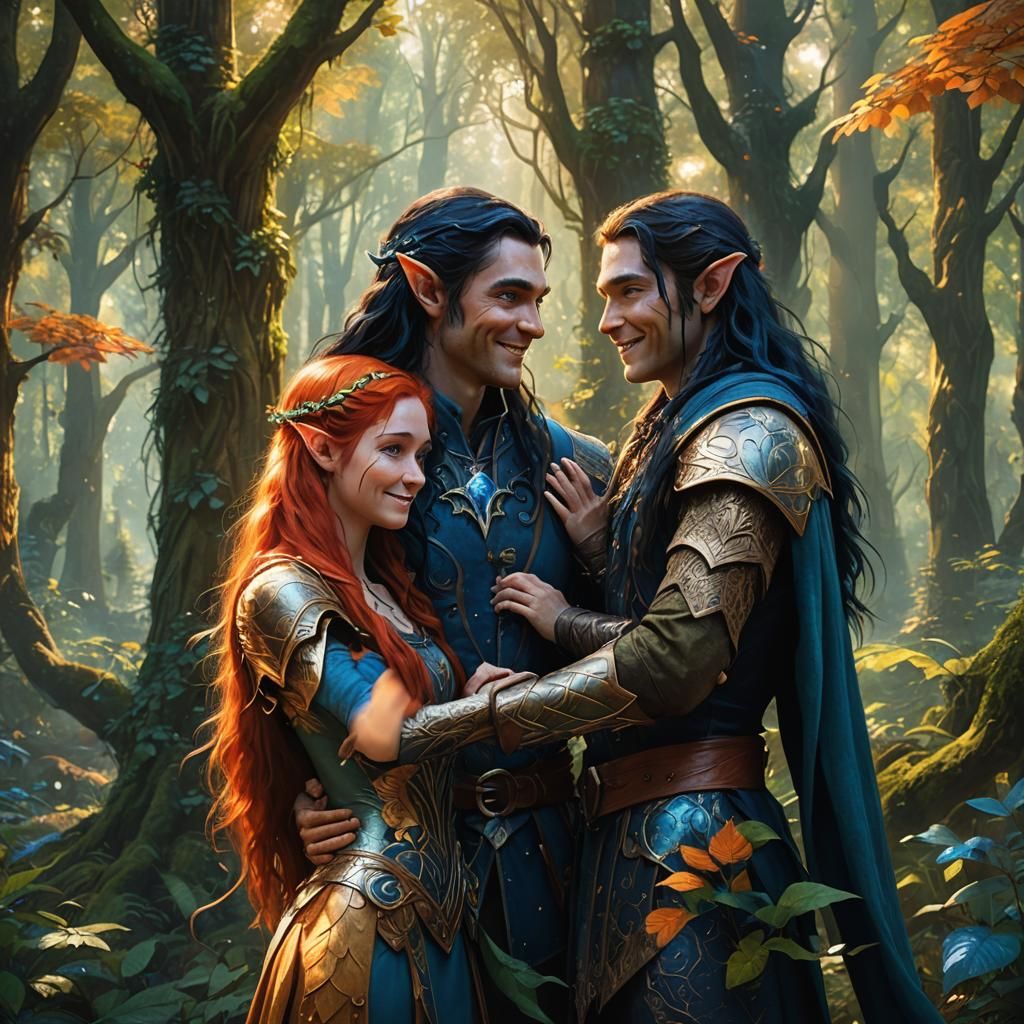 Feanor, a tall male elf with long black hair and blue eyes, hugging a female elf with long red hair and blue eyes. Both ...