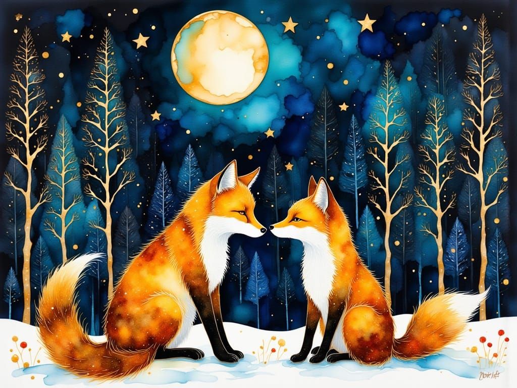 Whimsical Foxes Nuzzle Under a Starry Sky