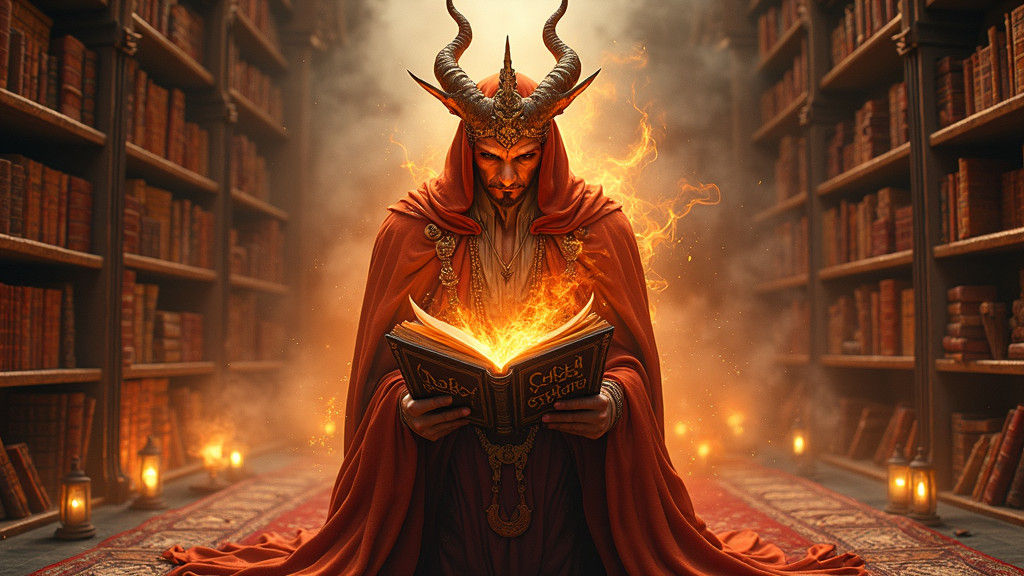 Fiery Djinn Reads Ancient Book in Arabian Library