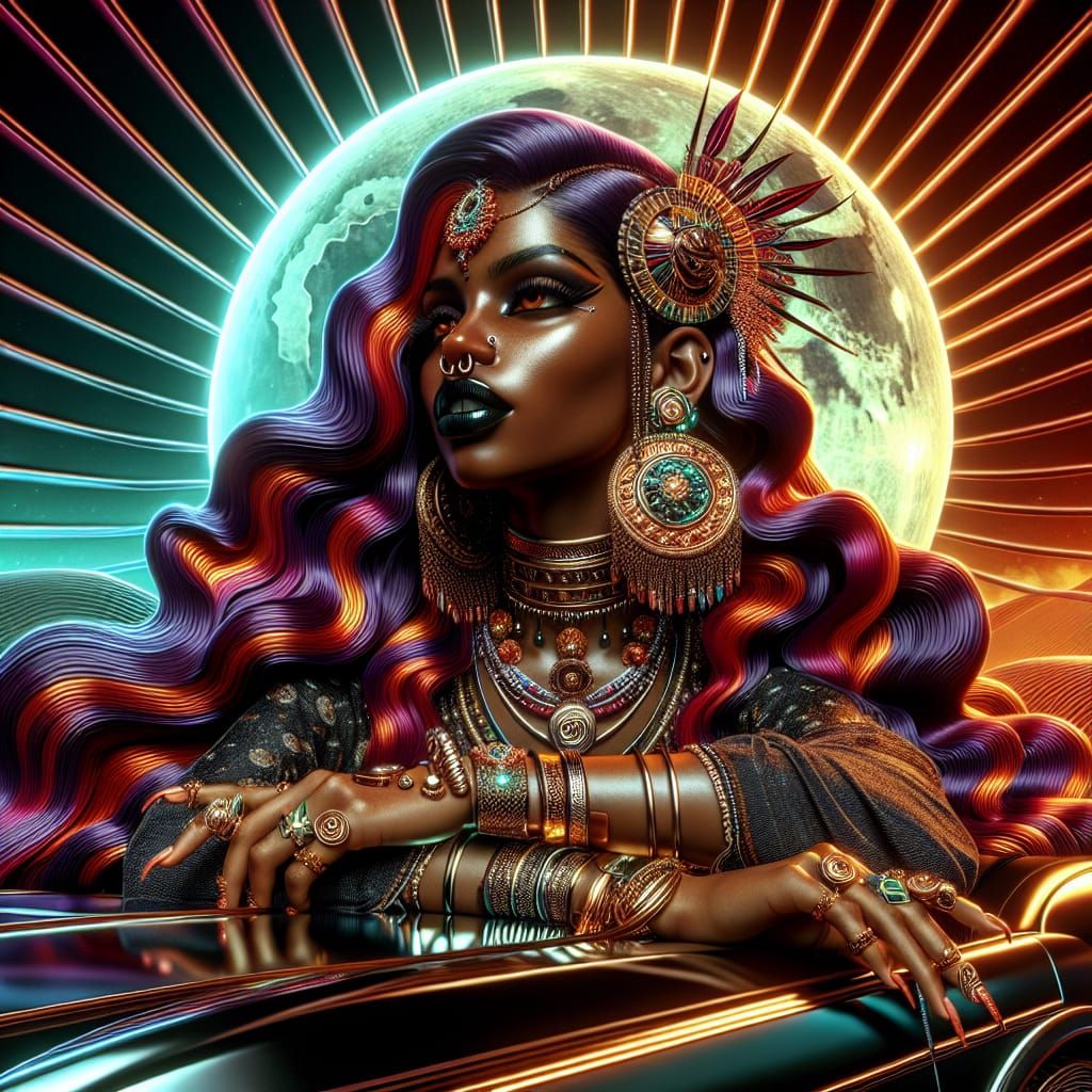 Glamorous African American Woman Amidst Luxury and Moonlight