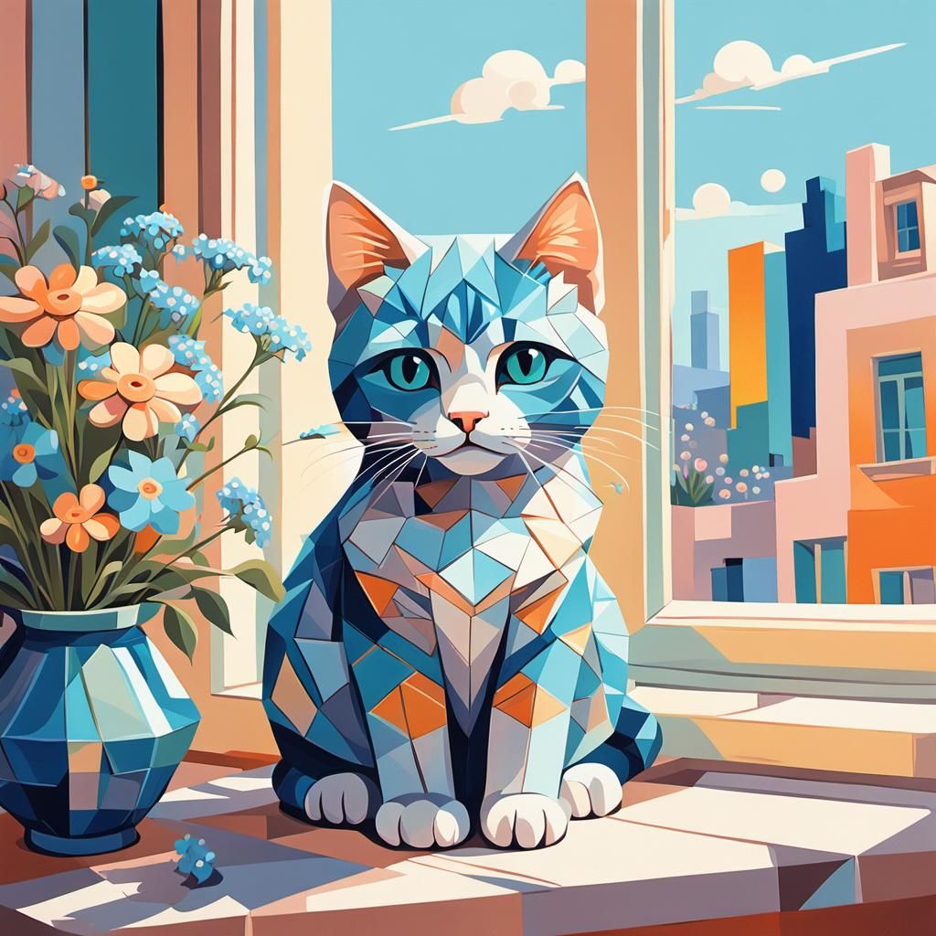 Chibi Cat with Forget-Me-Nots in Cubist Art Deco Style