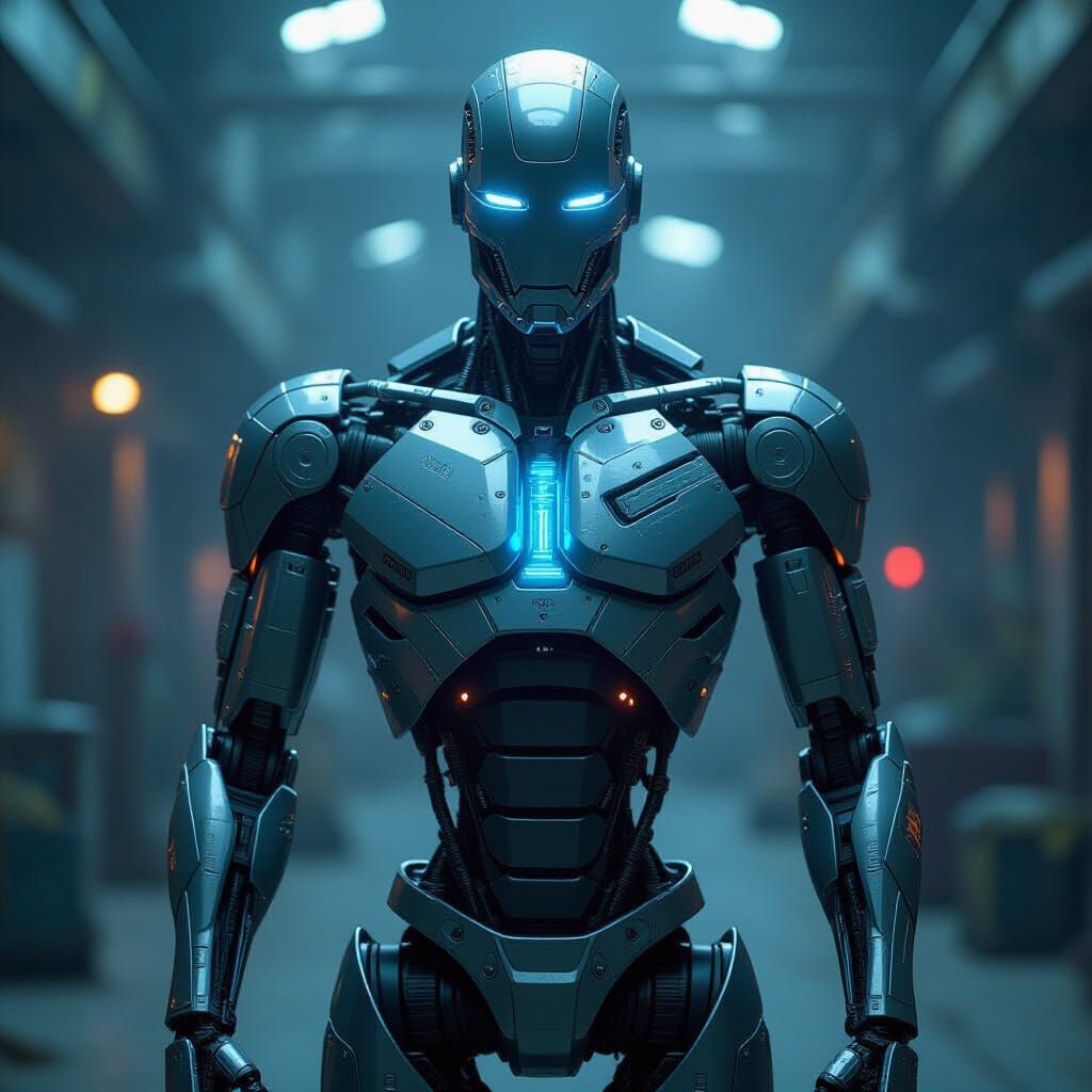 Cybernetic Robot with Severed Arm in Industrial Setting