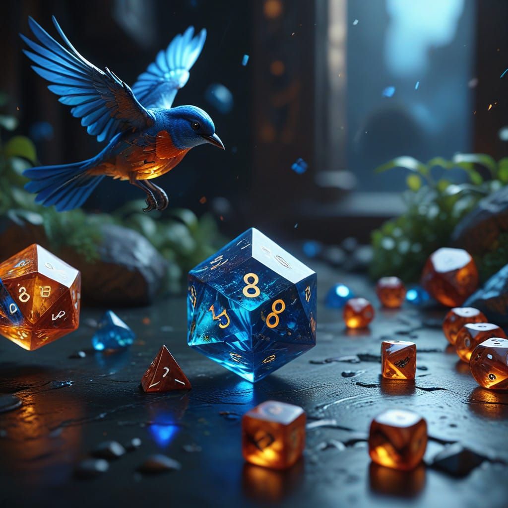 Surreal Gemstone Dice Scene in Cyberpunk Aesthetic