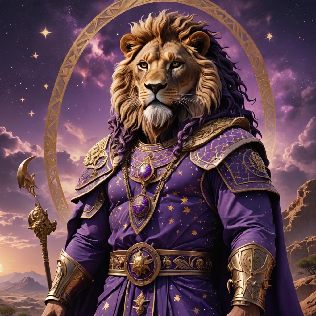 Phoenician God in Starry Purple Robes with Lion