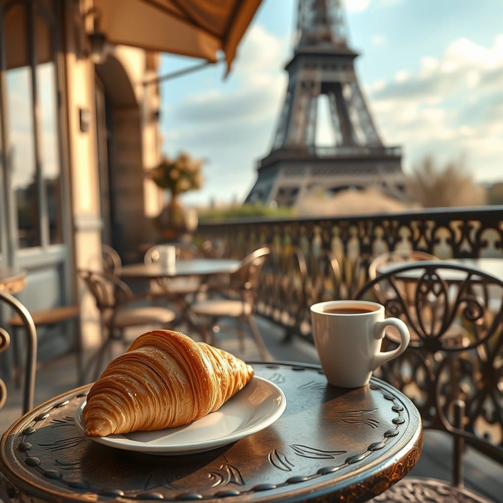Parisian Café Scene with Eiffel Tower