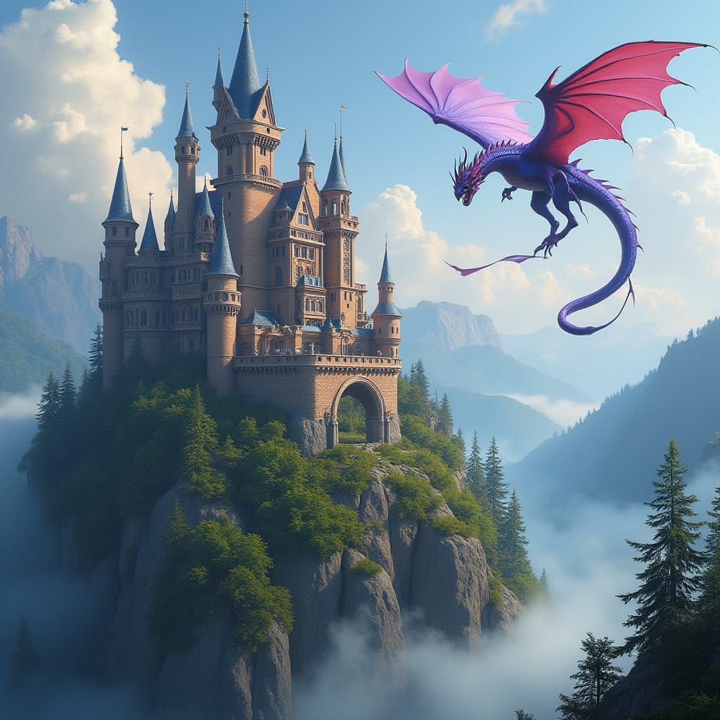 Majestic Dragon Soaring Above Whimsical Castle