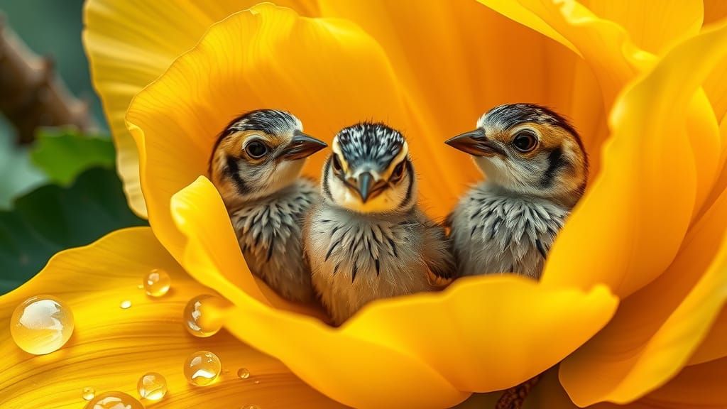 Golden Sanctuary of Feathered Life in Vibrant Floral Art