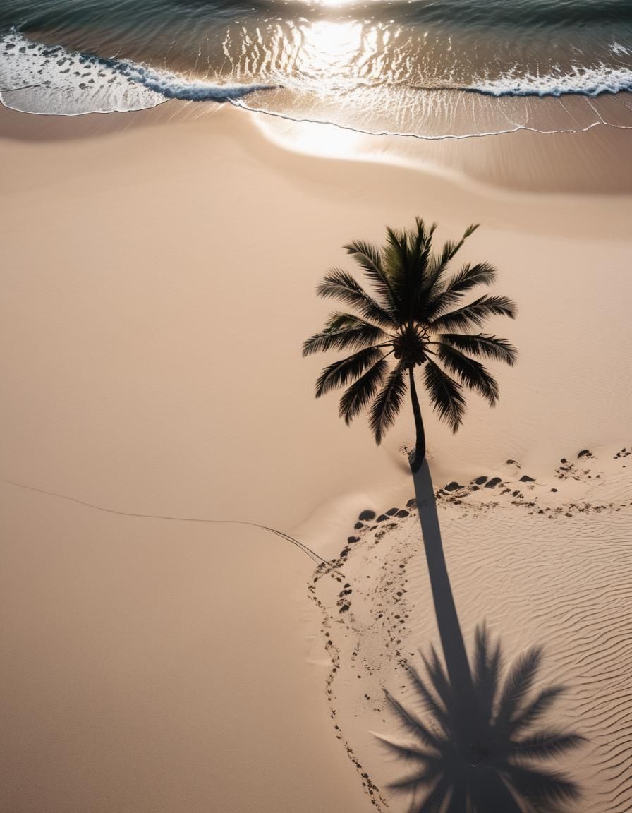 Minimalist Palm Shadow on Beach at Sunset