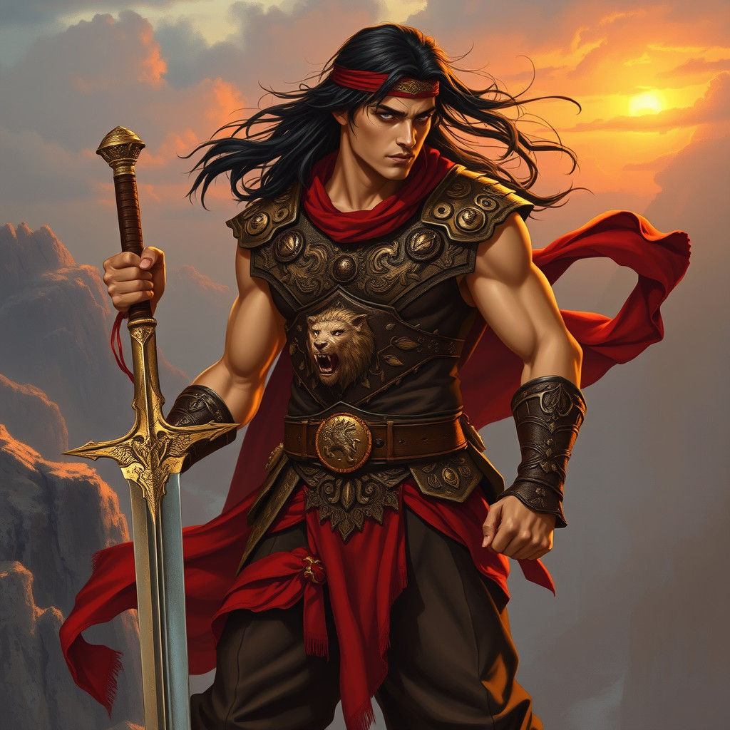 Majestic Warrior Prince with Sword on Cliff Edge