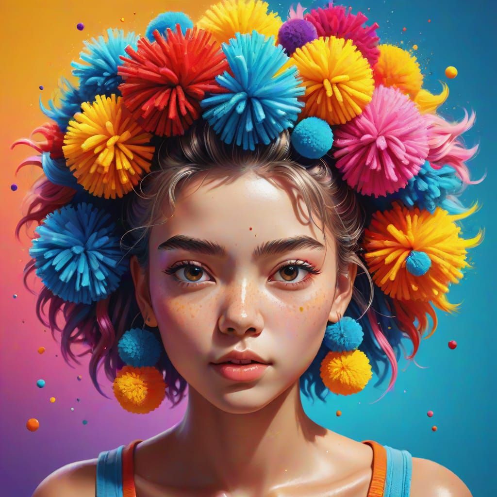 Hyperrealistic Portrait of Person with Pom-Pom Hair