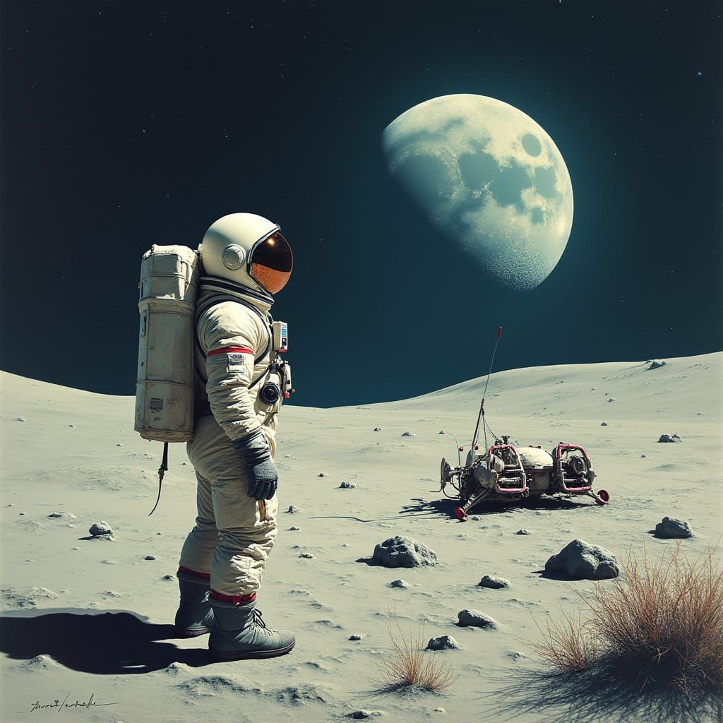 Astronaut on Lunar Surface in Retro-Futuristic Style