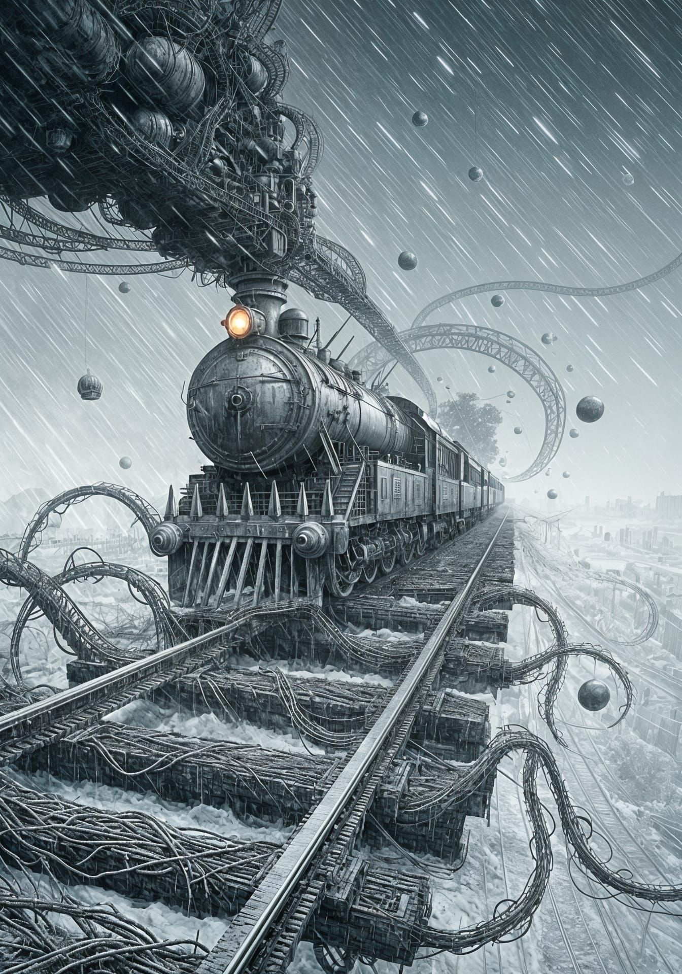 Train in Blizzard on Vine Tracks with Mysterious Orbs