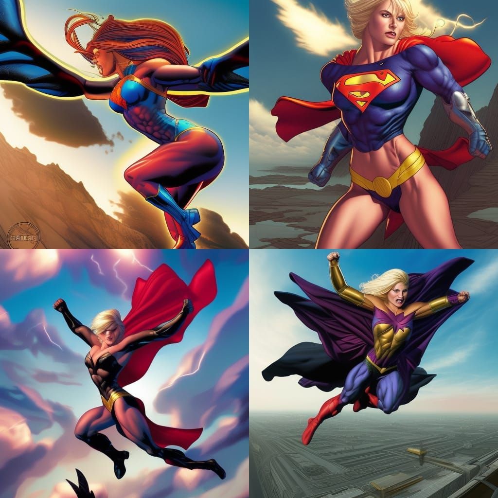 A Muscular Caped Superheroine flying through the sky, blonde pixie cut hair, cinematic lighting