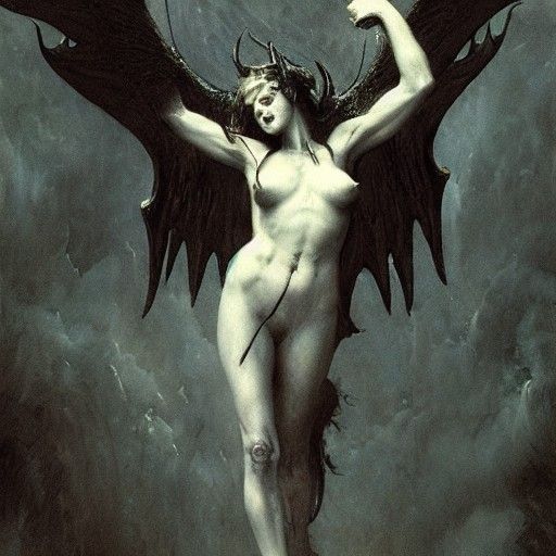 Succubus with Devil Wings in Engraving Style