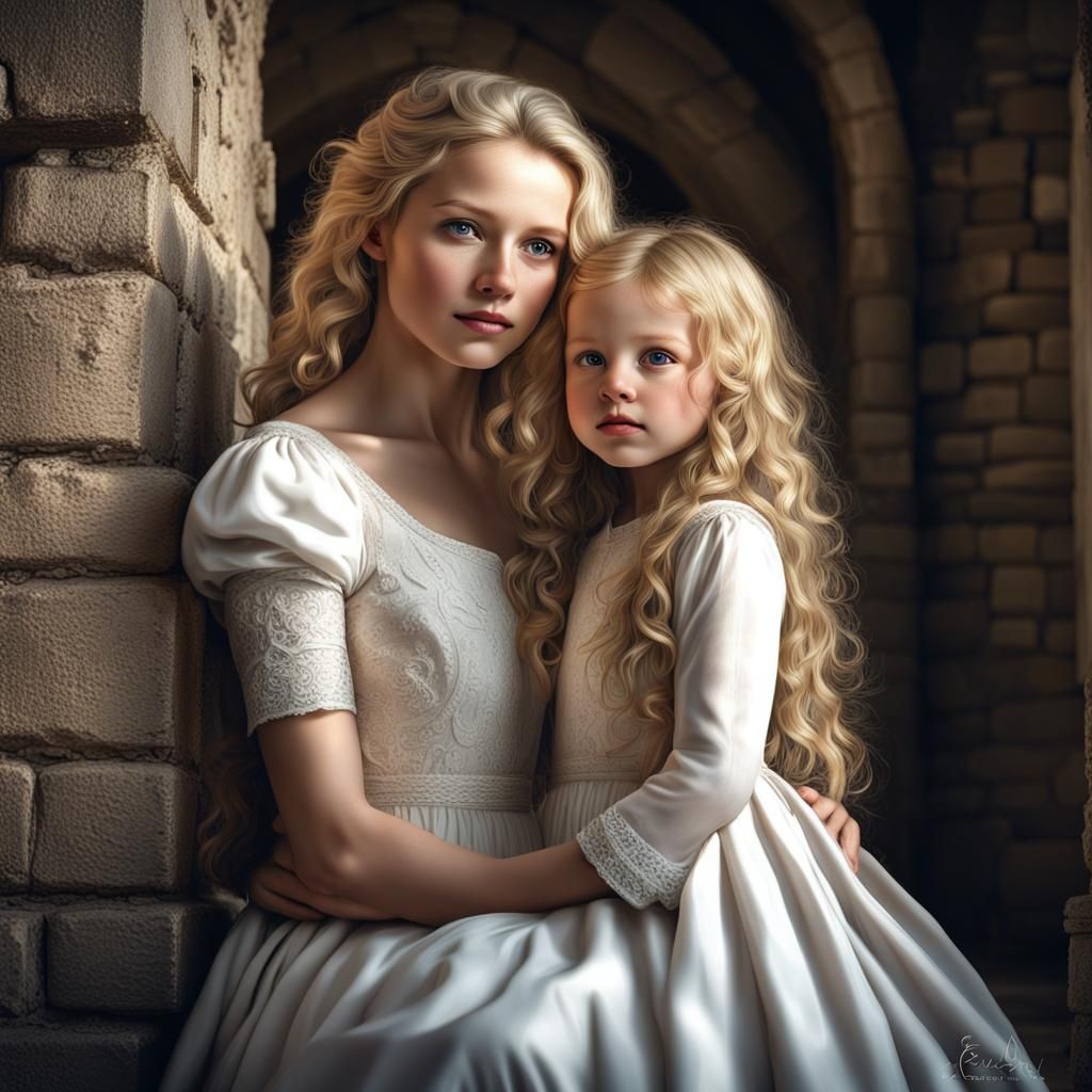 Woman and Child in Castle, Hyperrealistic Image