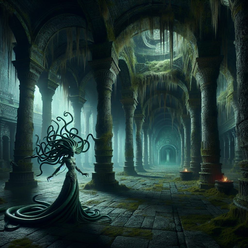 Medusa in a Dark Fantasy Dungeon Hall