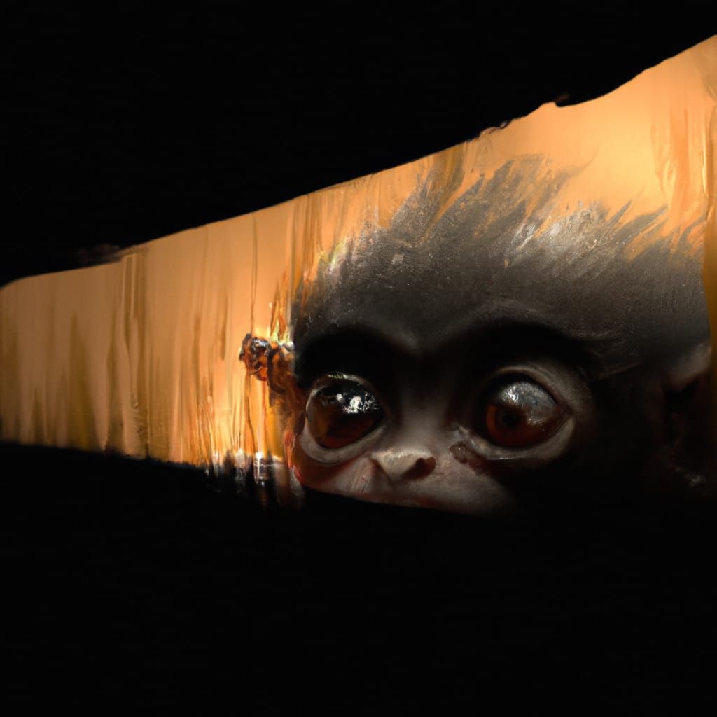 Fantastical Monkey Baby Peers Out from a Dreamy Black Backgr...