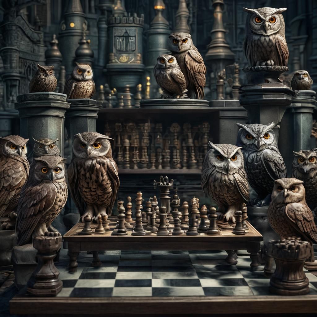 Hyperrealistic Owls Play Chess at Night