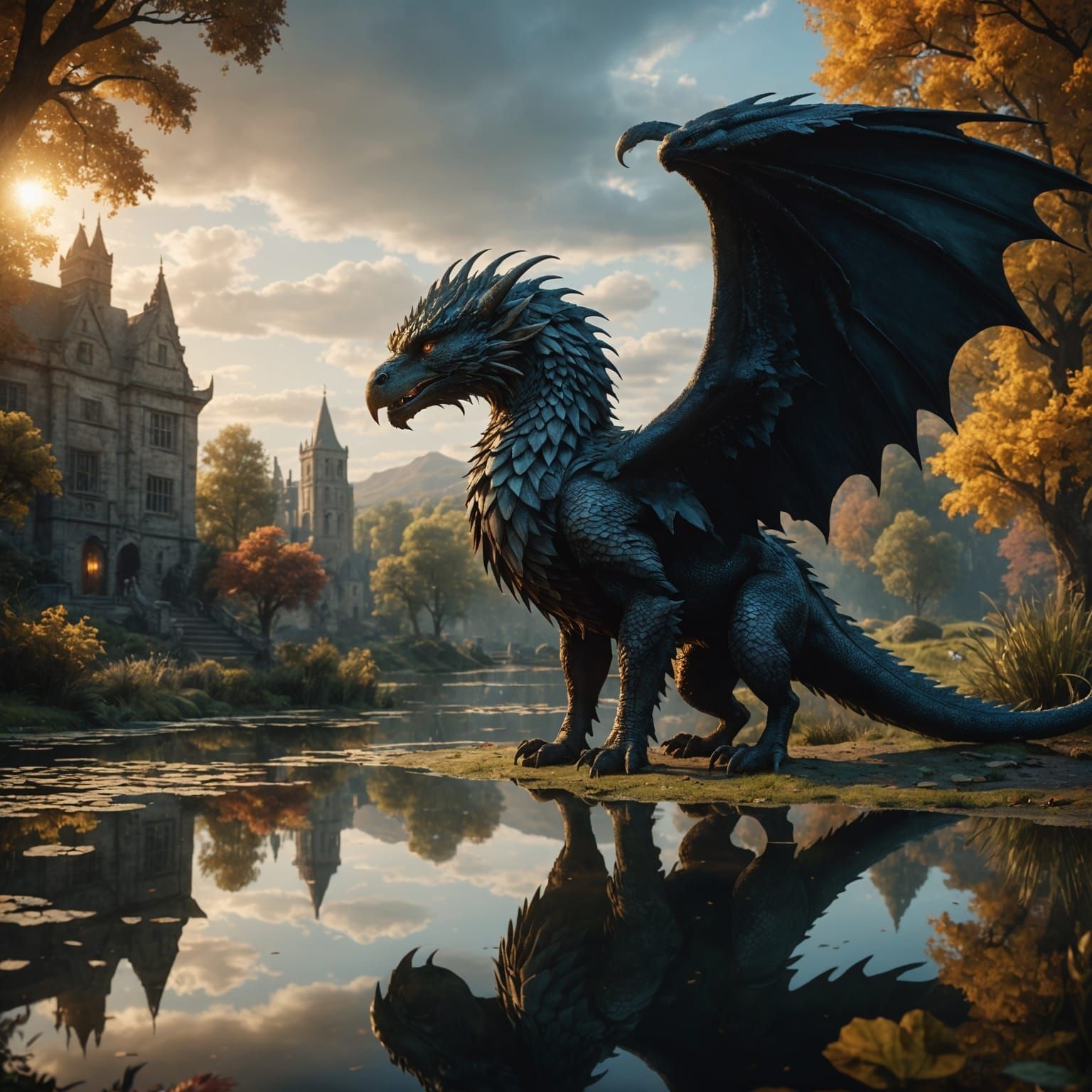 Griffin's Dragon Reflection: Epic Digital Painting