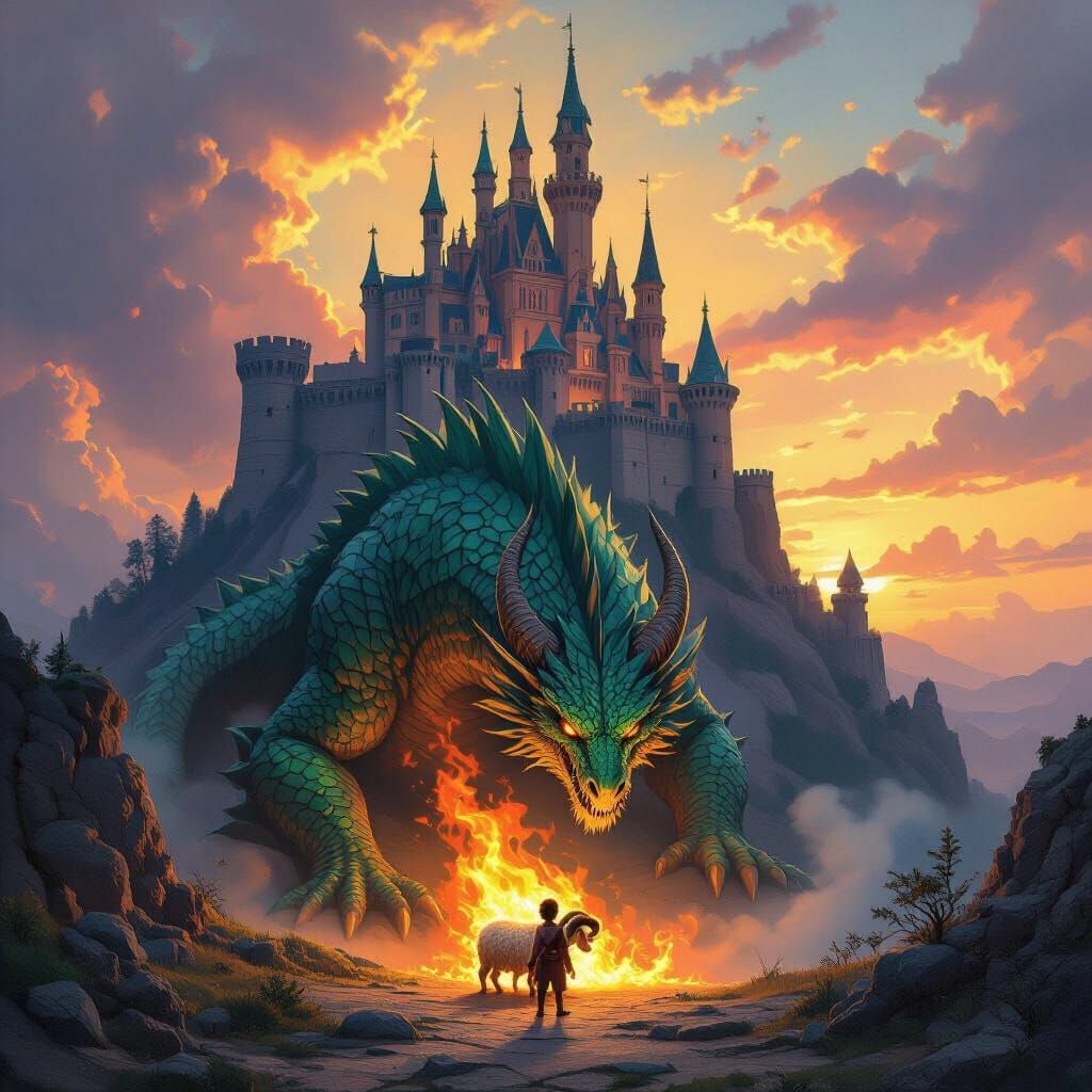 Castle on Hill with Dragon and Boy at Sunset - Epic Digital ...