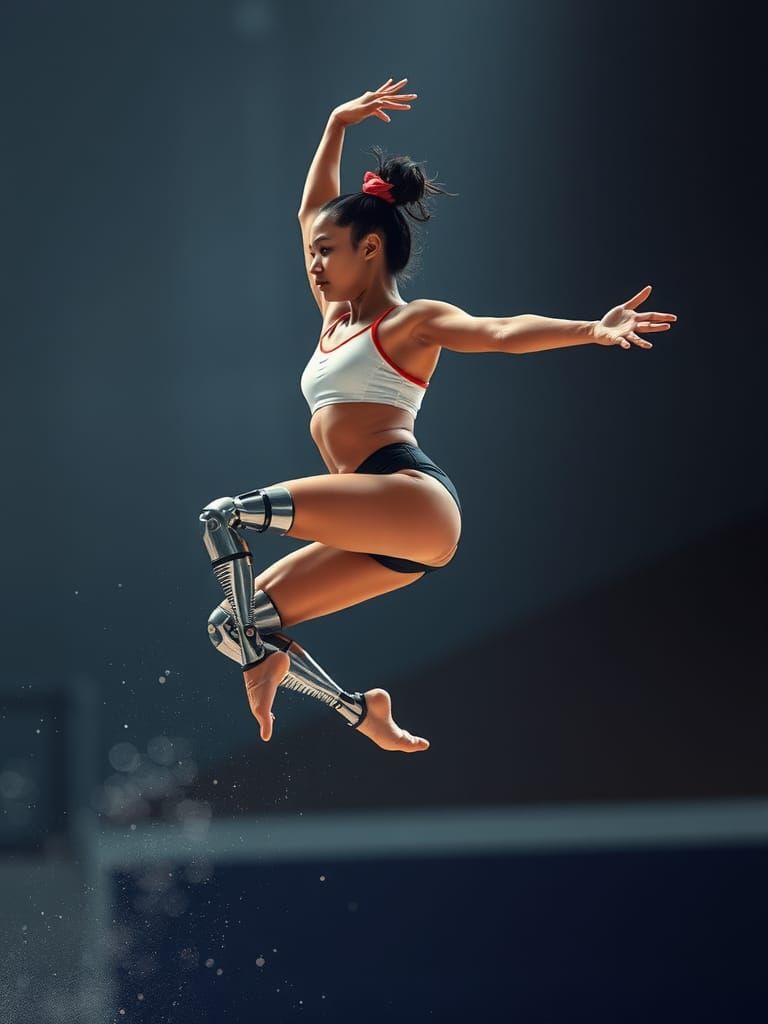 Amputee in prosthetics doing gymnastics