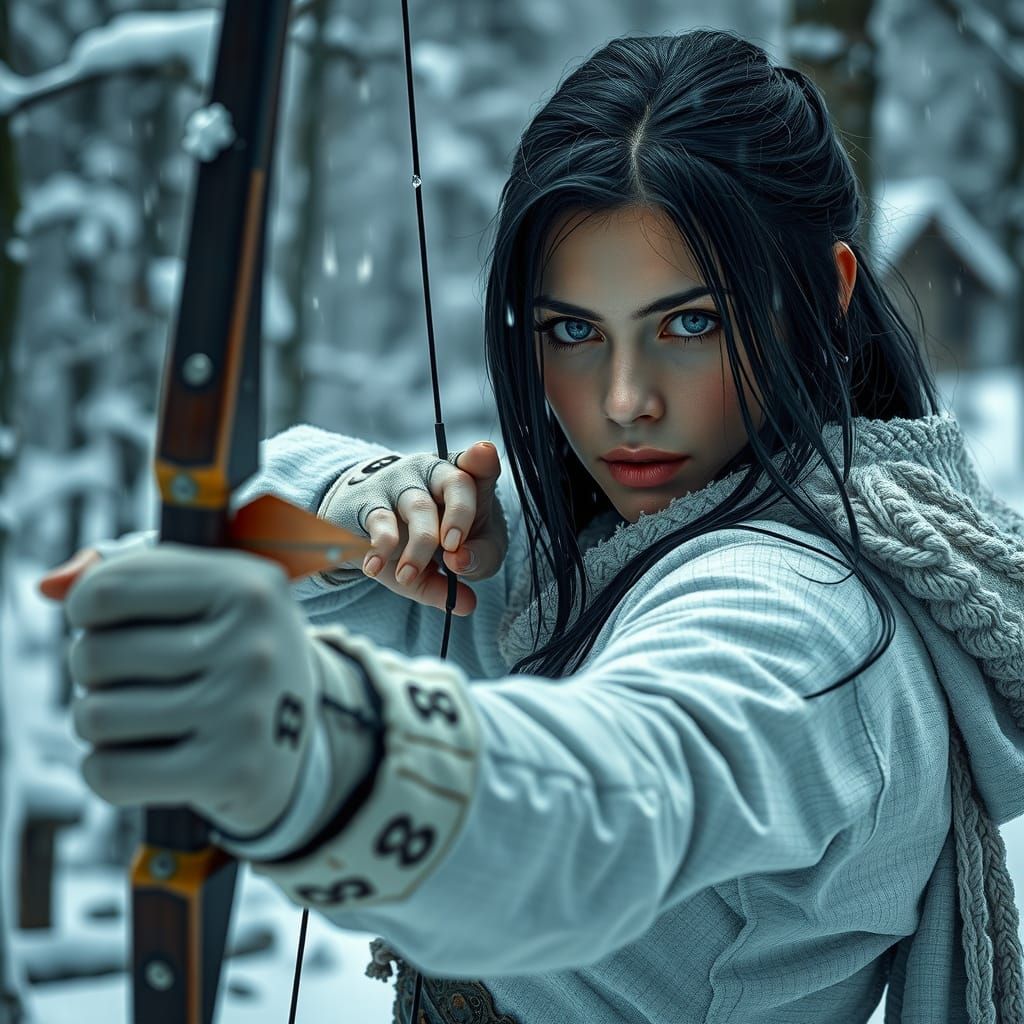 Warrior Huntress in Snowy Forest, Hyperrealistic HDR