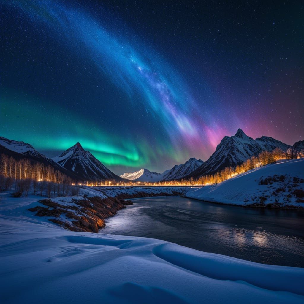 Icy Tundra Landscape with Starry Night Sky