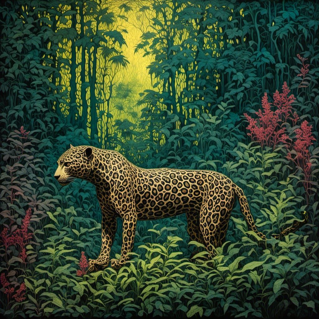 Jaguar Silhouette in Psychedelic Jungle Diorama