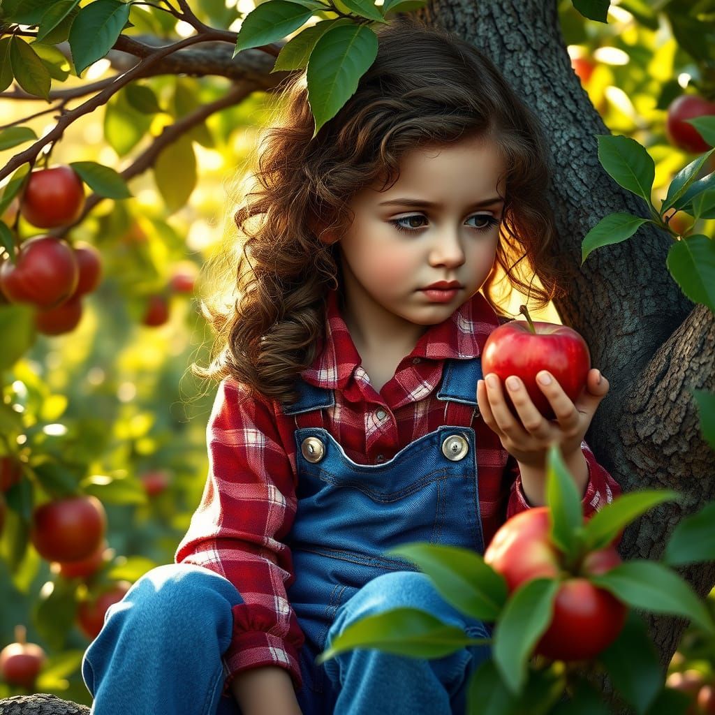 Girl in Orchard with Apple, Hyperrealistic Oil Painting