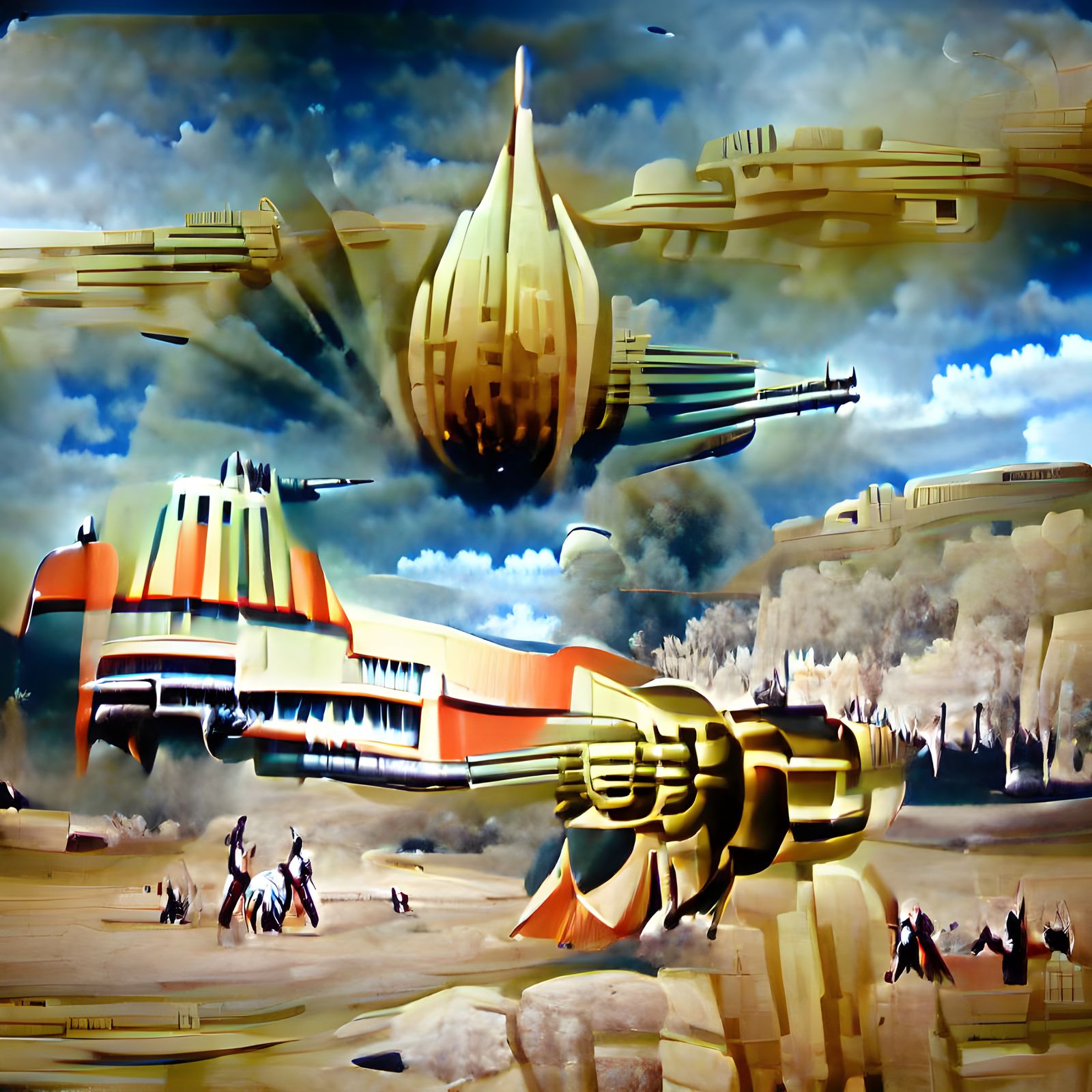 War Spaceship Attacks Planet in Art Deco Style
