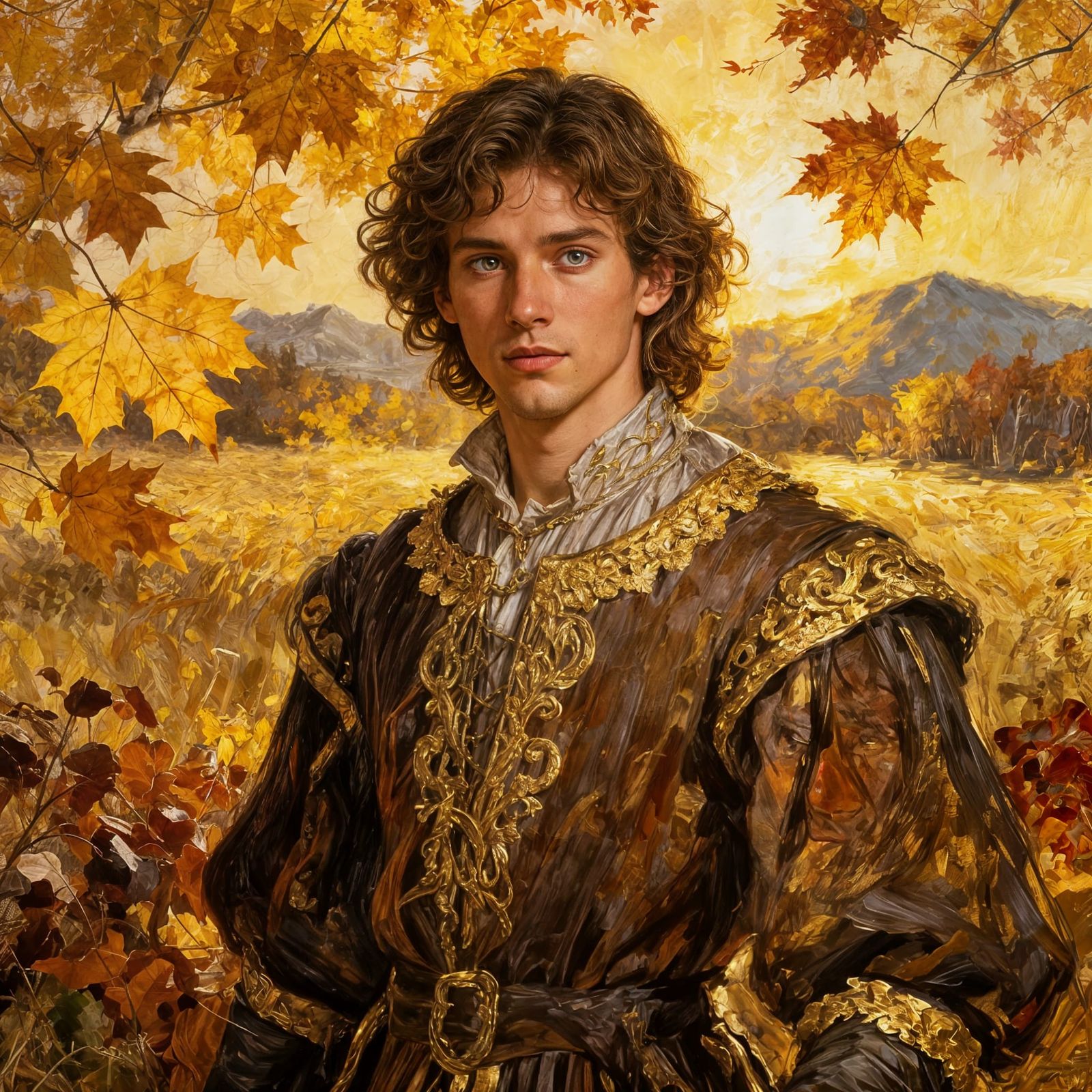 Handsome Young Man in Ornate Autumn Fantasy Outfit