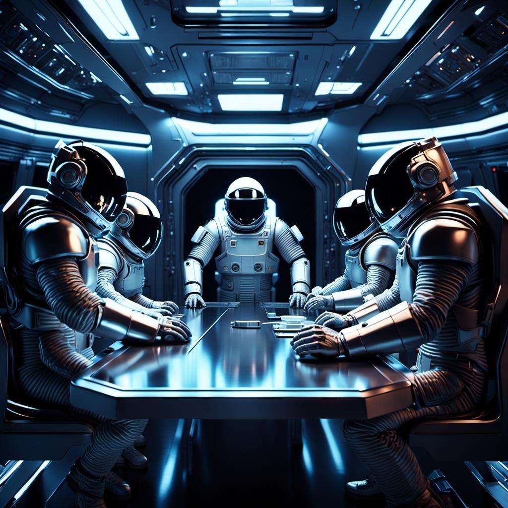 Astronauts' Sci-Fi Dinner on Spaceship, Cinematic Interior