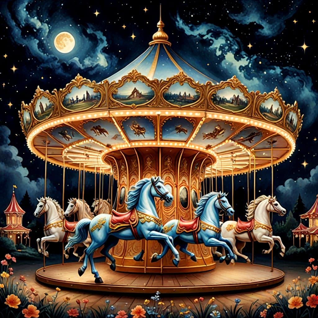 Magical Vintage Carousel Under Starry Night Sky