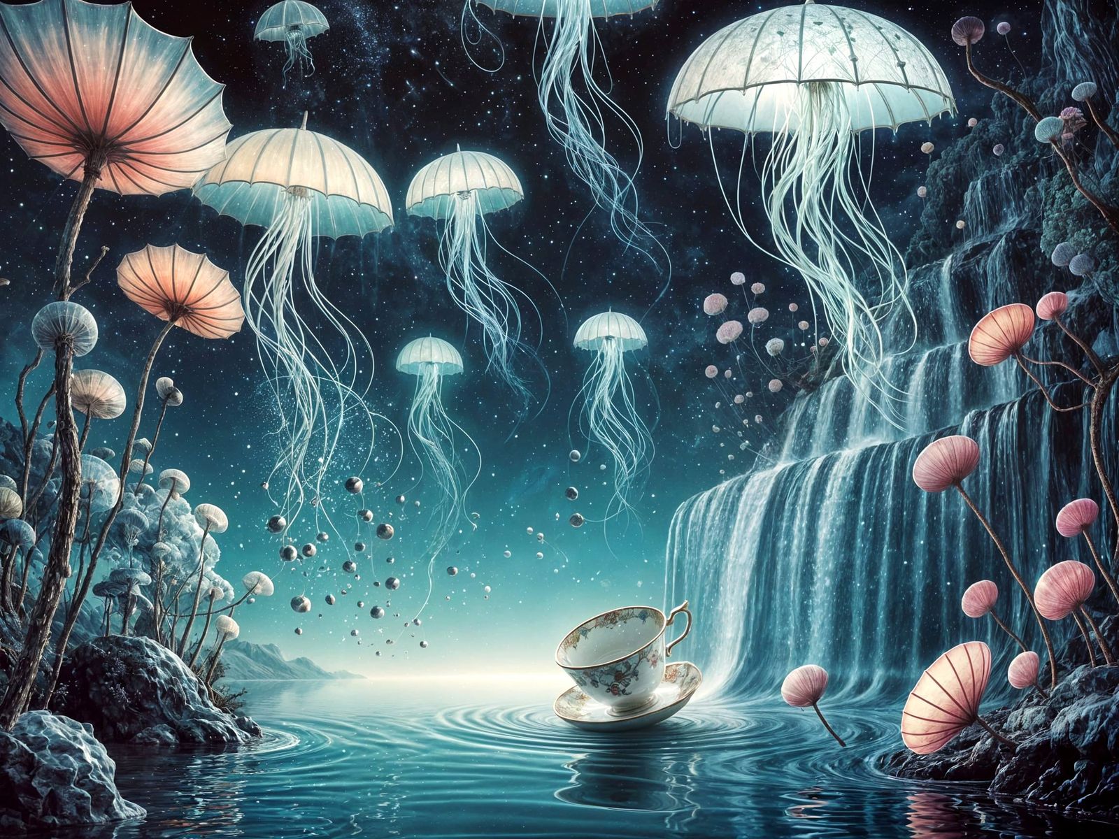 Surreal Dreamscape with Melting Teacup and Starry Lake