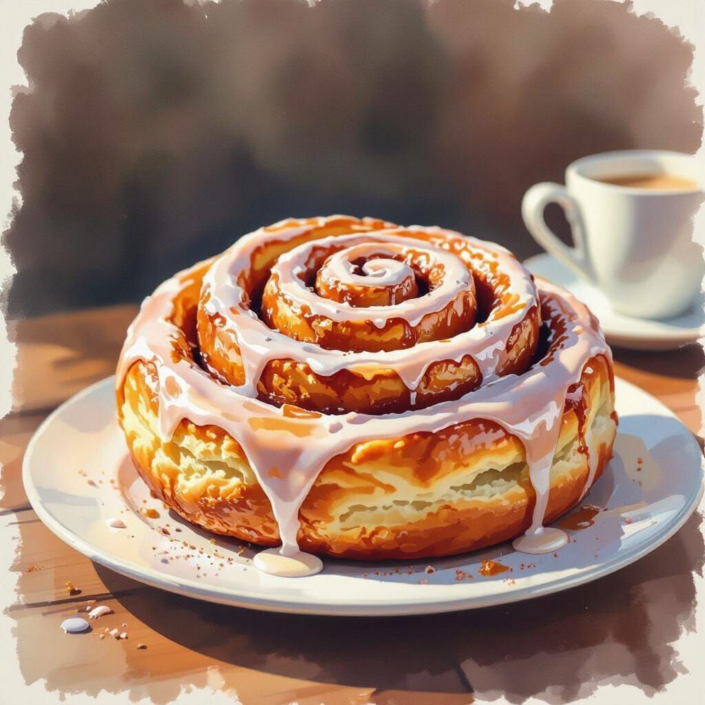 Glistening Cinnamon Roll in Expressive Watercolor Style
