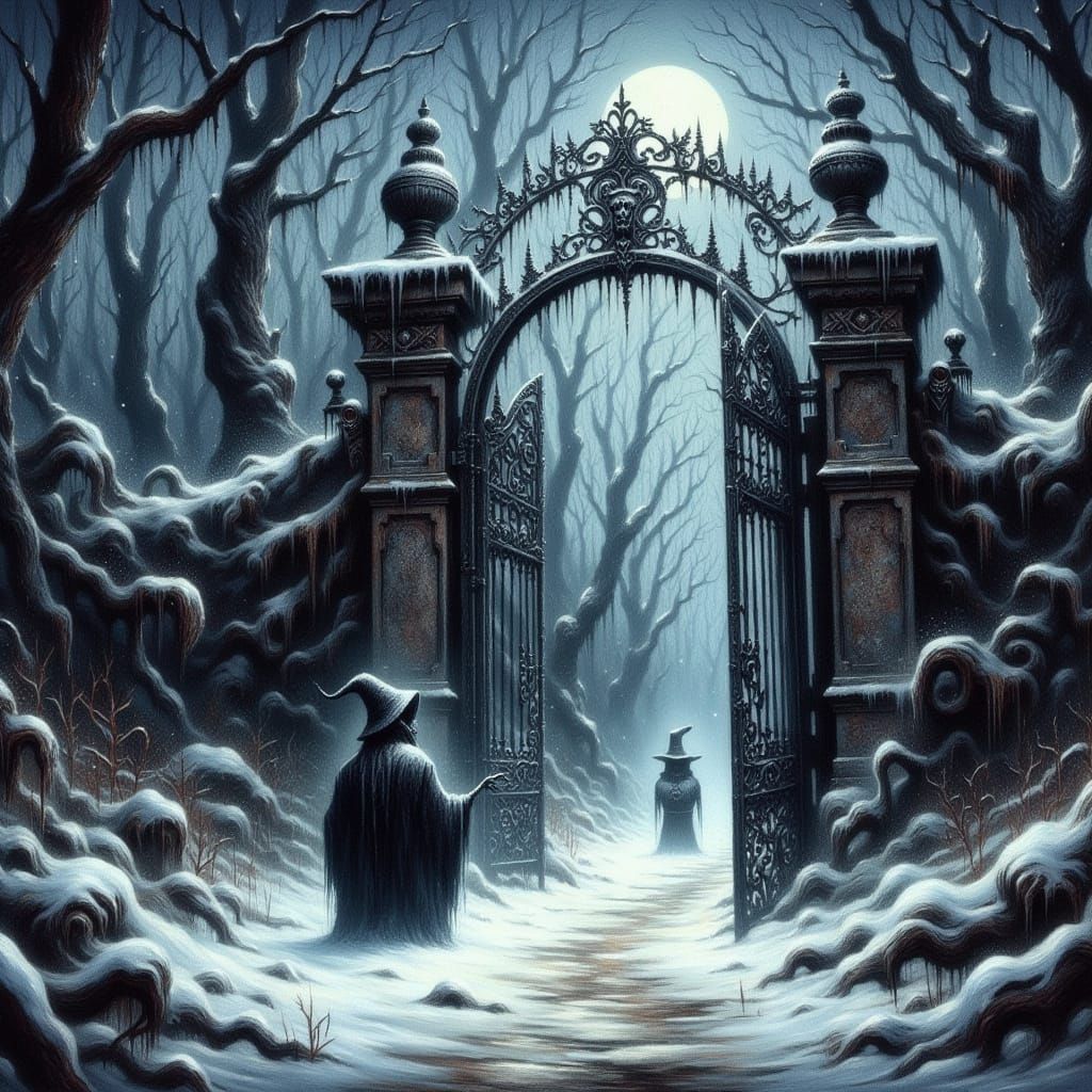 Snowy Gateway with Gargoyle in Dark Fantasy Style
