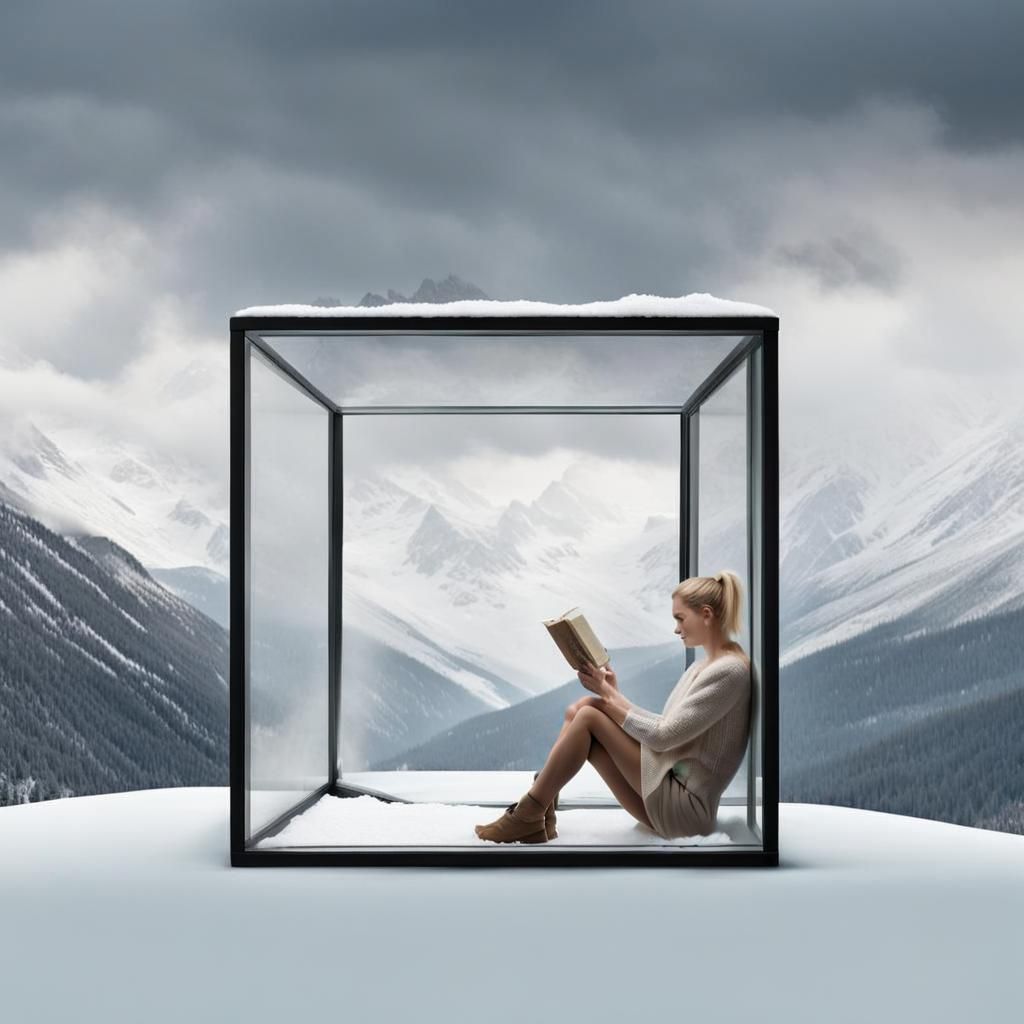 Woman Reading in Glass Cube on Mountain