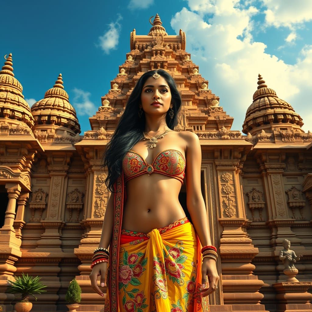 Indian Woman in Bikini Before Ancient Temple