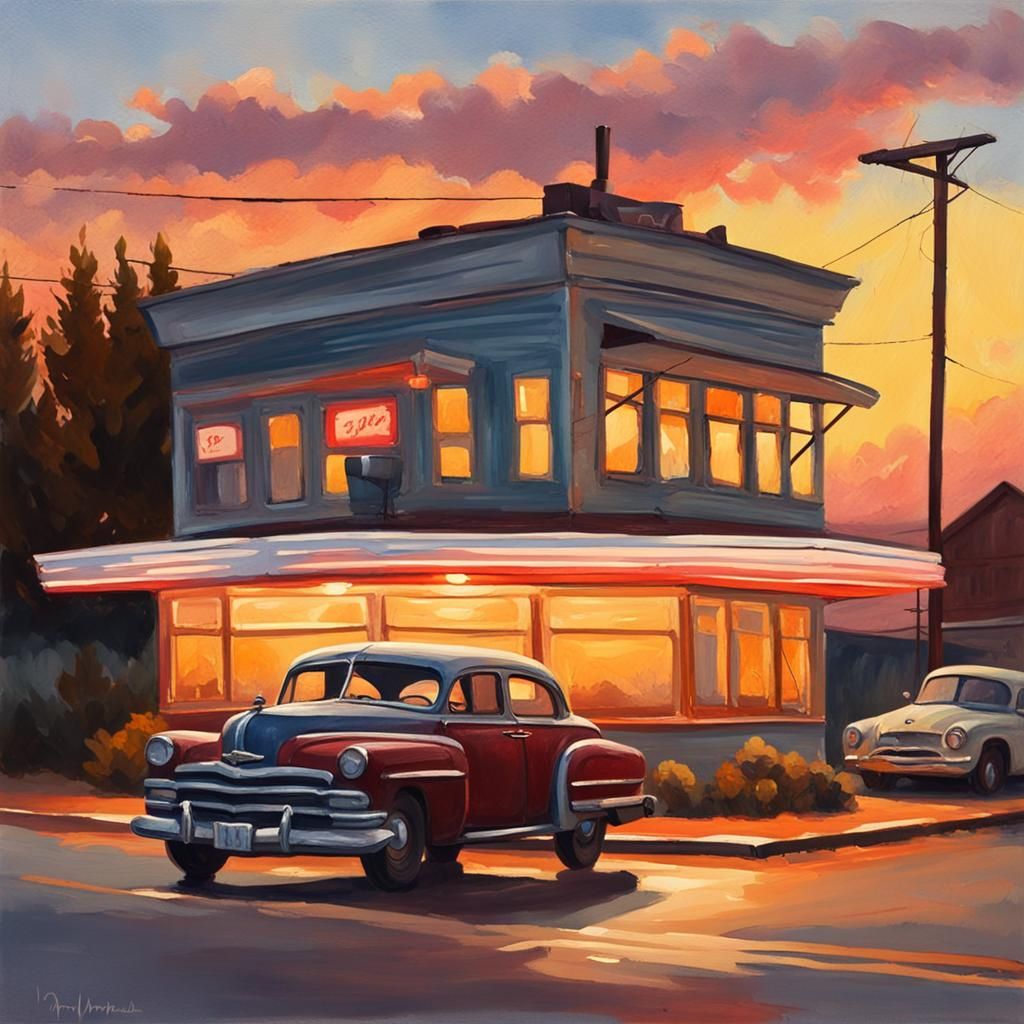 Car at Diner in Gouache Impressionist Style