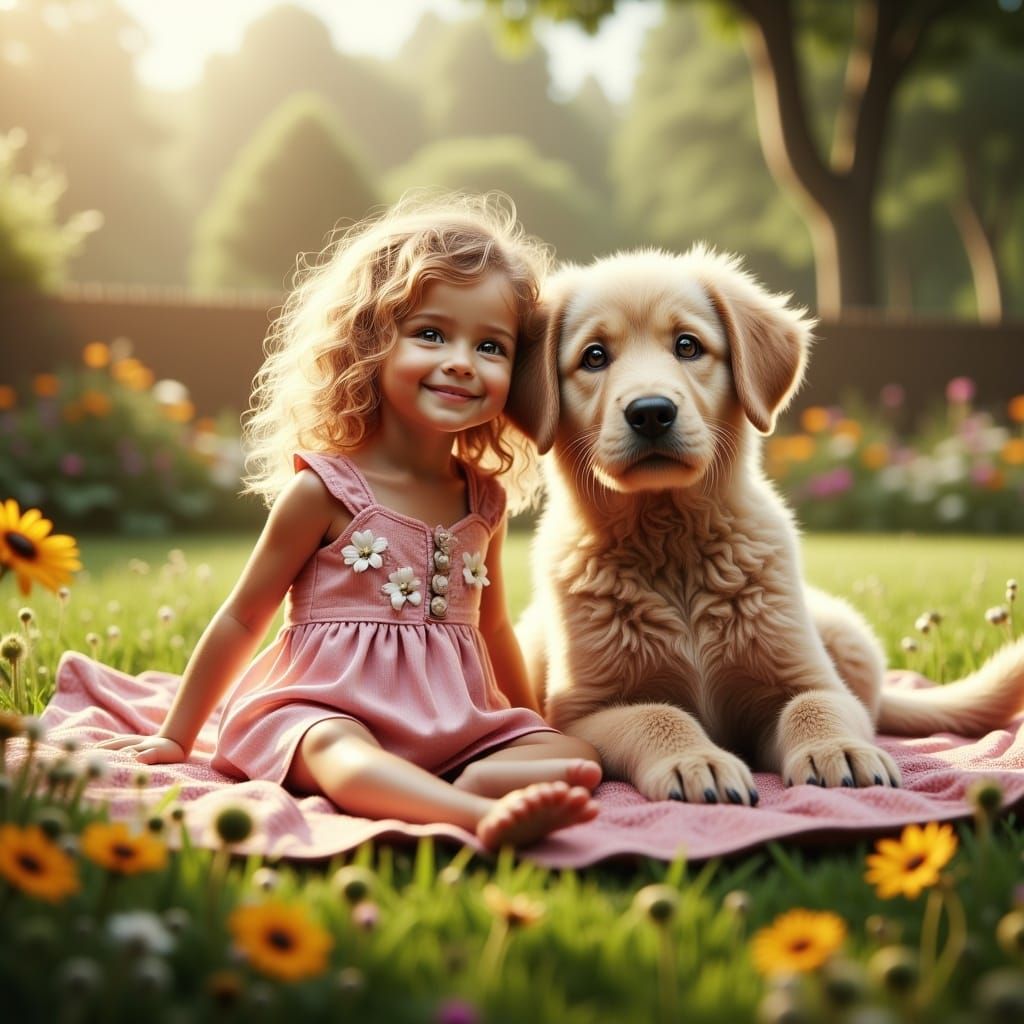 Girl with Dog in Lush Flower Garden