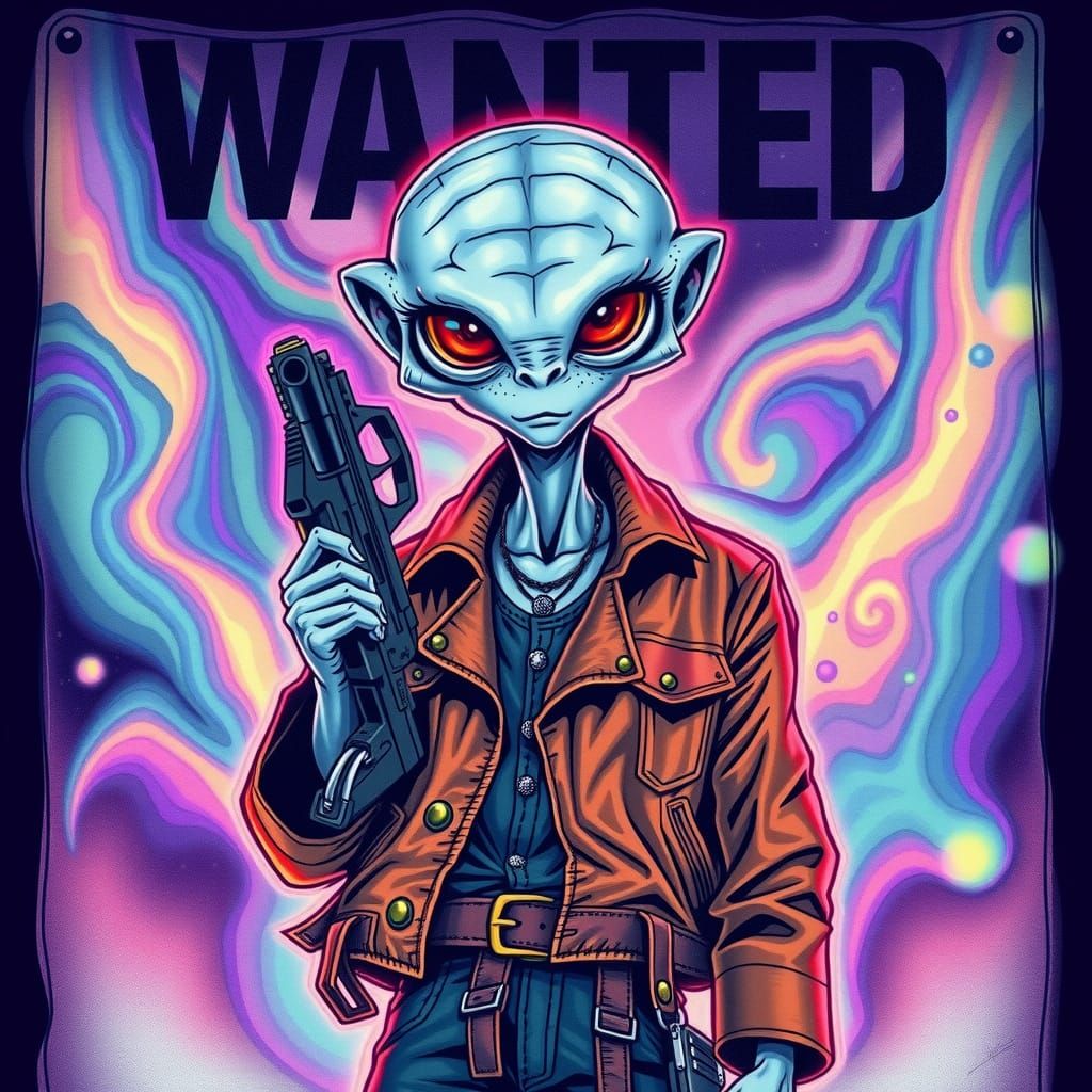 Alien Outlaw Wanted Poster in Psychedelic Style