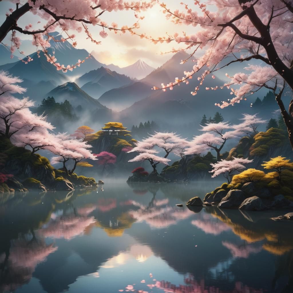 Majestic Mountain Sunrise in Ukiyo-e Style