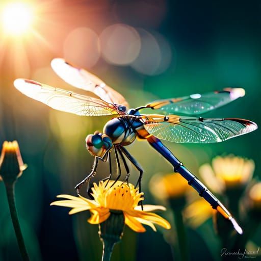 Luminous Dragonfly in Art Nouveau Starscape